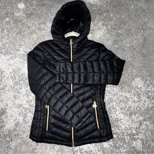 Michael Kors Black Packable Down Hooded Quilted Jacket Zip Logo Women's XS